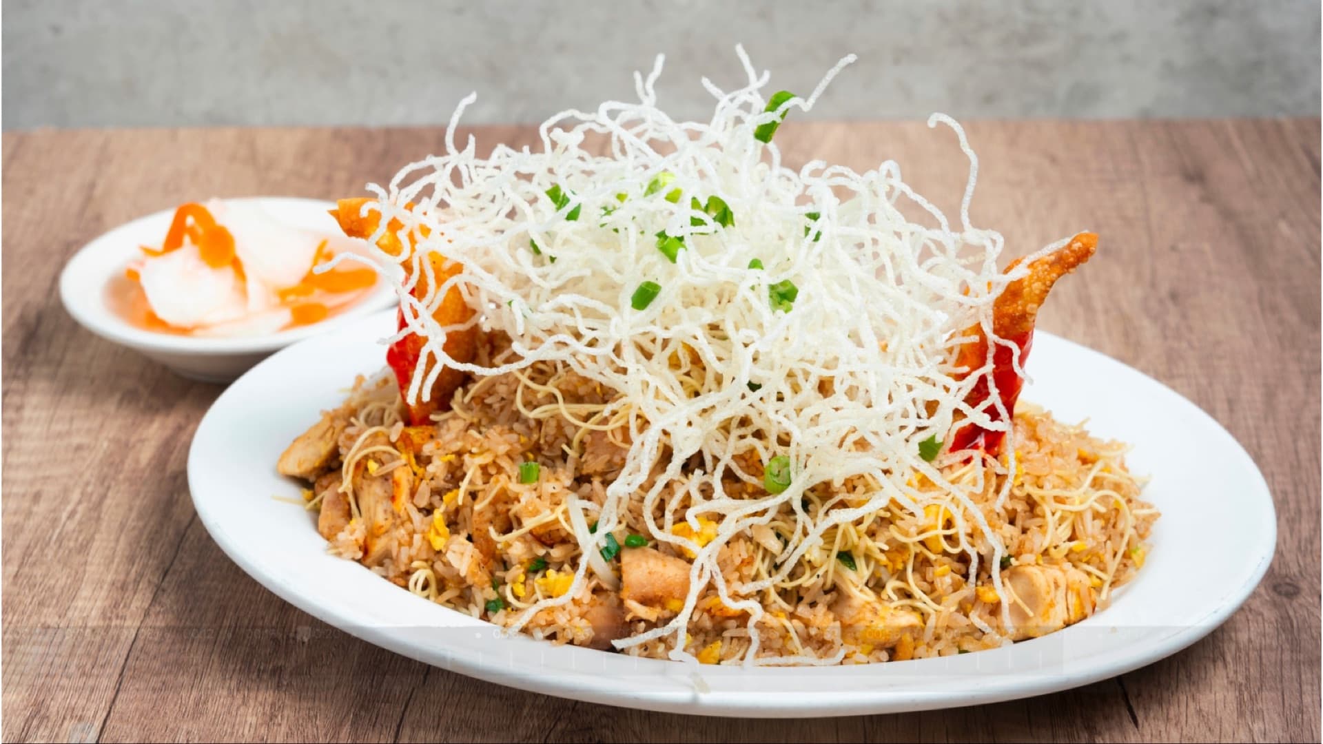 Arroz Chaufa — Peruvian fried rice with crispy noodle nest on top